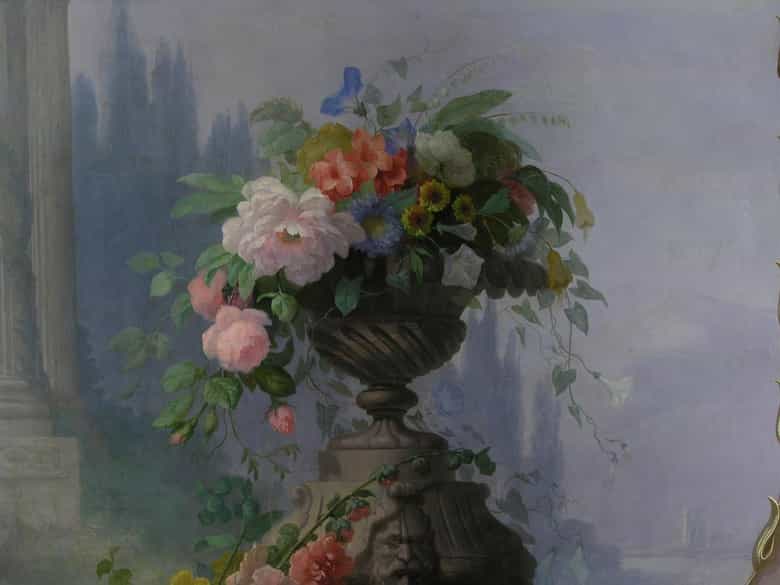 Detailabbildung: Paar wandgroße Dekorationsgemälde mit Landschafts- und Blumendarstellungen