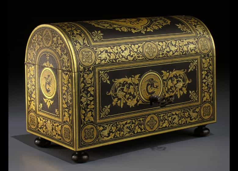 Detailabbildung: Spanisches Eisenkästchen Gold tauschiert.