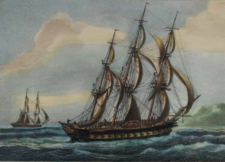 Detailabbildung: P. C. Coussé, Satz von zwölf kolorierten Lithographien mit Darstellung von Segelschiffen