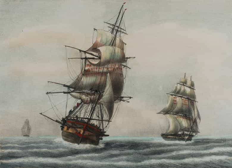 Detailabbildung: P. C. Coussé, Satz von zwölf kolorierten Lithographien mit Darstellung von Segelschiffen