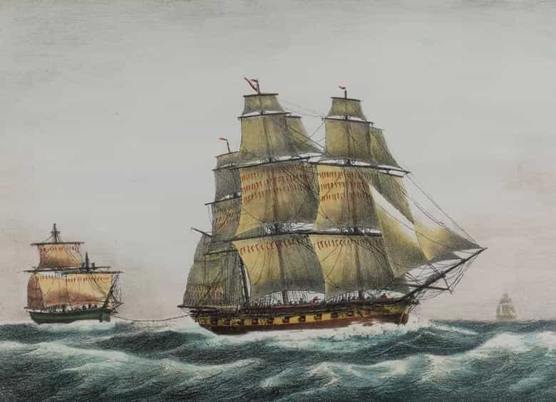 Detailabbildung: P. C. Coussé, Satz von zwölf kolorierten Lithographien mit Darstellung von Segelschiffen