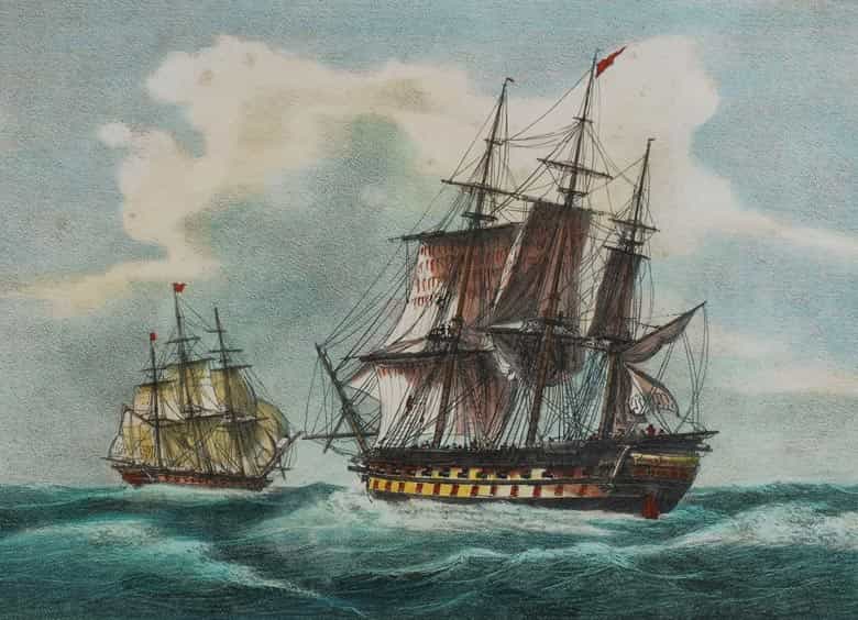 Detailabbildung: P. C. Coussé, Satz von zwölf kolorierten Lithographien mit Darstellung von Segelschiffen