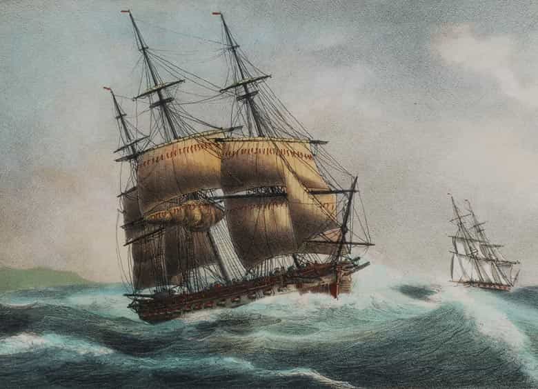 Detailabbildung: P. C. Coussé, Satz von zwölf kolorierten Lithographien mit Darstellung von Segelschiffen