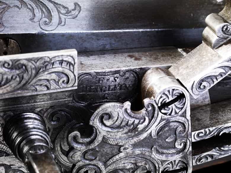 Detailabbildung: Radschloss-Büchsen-Paar des Büchsenmachers Friedrich Schmidinger in Dingolfing