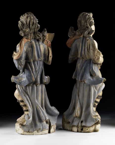 Detailabbildung: Paar geschnitzte und gefasste Leuchterengel