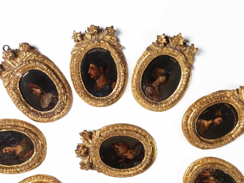 Detailabbildung: Zehn Portraitminiaturen in geschnitzten und vergoldeten Rahmen
