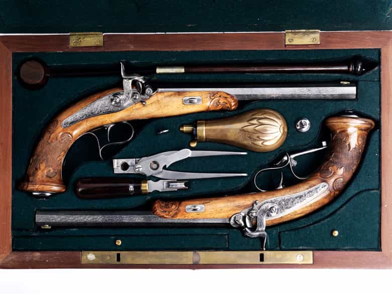 Detailabbildung: Paar Duell-Pistolen im Kasten von dem Büchsenmeister Ernst Blancke in Naumburg