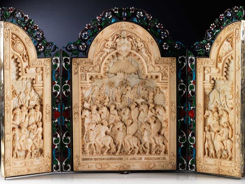Detailabbildung: Bedeutendes Triptychon in Elfenbein, Silber, Email und Steinbesatz, dem Thema des römischen Kaisers Marc Aurel, 121 - 180 n. Chr., gewidmet