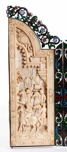 Detailabbildung: Bedeutendes Triptychon in Elfenbein, Silber, Email und Steinbesatz, dem Thema des römischen Kaisers Marc Aurel, 121 - 180 n. Chr., gewidmet