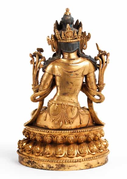 Detailabbildung: Tibetanische Manjushri-Figur in Bronze und Feuervergoldung