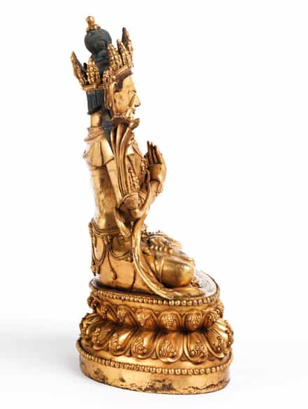 Detailabbildung: Tibetanische Manjushri-Figur in Bronze und Feuervergoldung