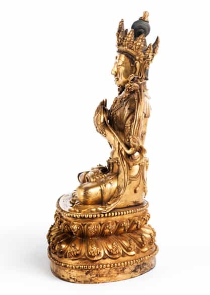 Detailabbildung: Tibetanische Manjushri-Figur in Bronze und Feuervergoldung
