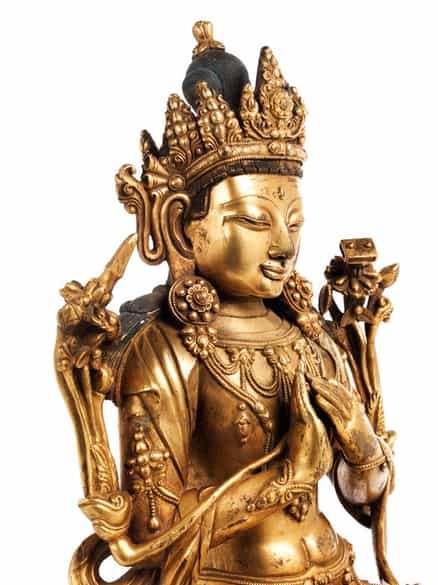 Detailabbildung: Tibetanische Manjushri-Figur in Bronze und Feuervergoldung