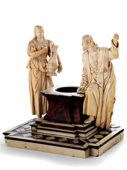 Detailabbildung: Elfenbein-Schnitzfigurengruppe „Rebecca und Elieser am Brunnen 