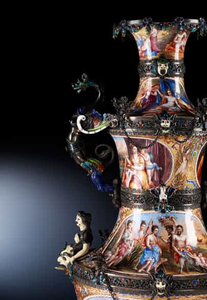 Detailabbildung: Große Wiener Emailvase mit Bergkristallsockel