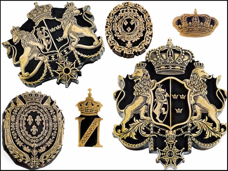 Detailabbildung: †Bedeutende Wappen europäischer Könige und Adeliger - 112 Stempel aus der Sammlung des königlichen Buchbinders