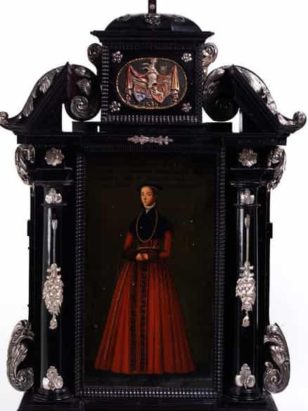 Detailabbildung: Paar ebonisierte Altarretabeln mit Gemälden eines Renaissance-Paares