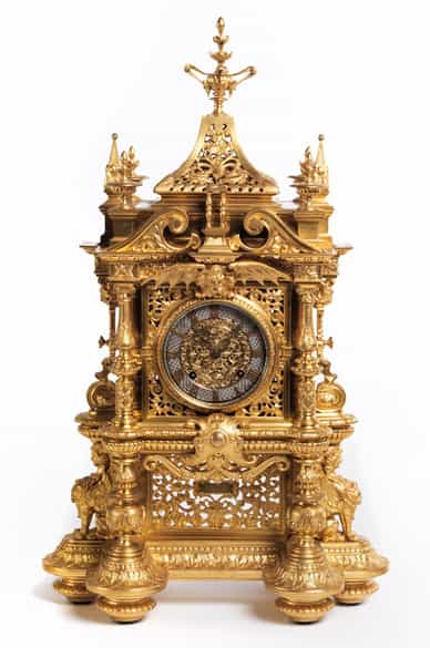 Detailabbildung: Kaminuhr-Garnitur in feuervergoldeter Bronze im Renaissance-Stil