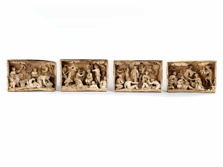 Detailabbildung: Satz von vier ebenso seltenen wie qualitätvollen Elfenbeinreliefs mit antik-mythologischen Szenendarstellungen in der Art von Ignaz Elhafen
