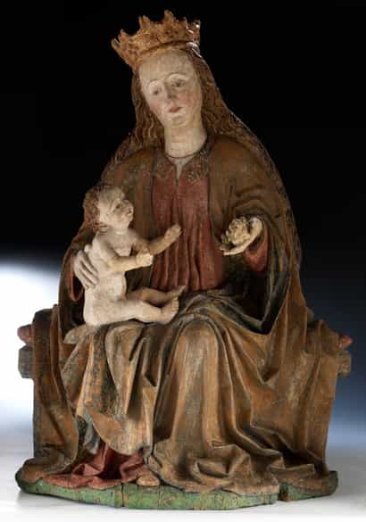 Detailabbildung: Bedeutende, museale Schnitzfigur einer thronenden Madonna mit dem Kind