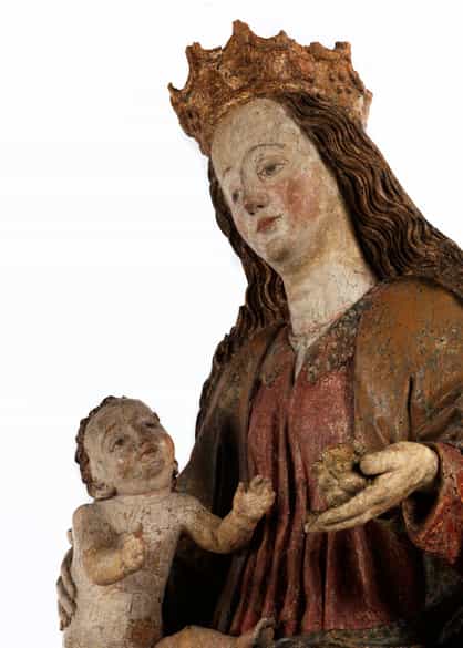 Detailabbildung: Bedeutende, museale Schnitzfigur einer thronenden Madonna mit dem Kind