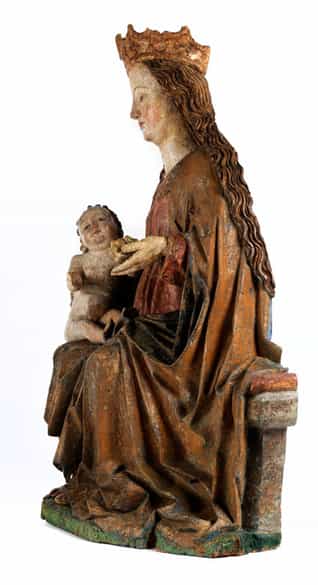 Detailabbildung: Bedeutende, museale Schnitzfigur einer thronenden Madonna mit dem Kind