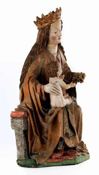 Detailabbildung: Bedeutende, museale Schnitzfigur einer thronenden Madonna mit dem Kind