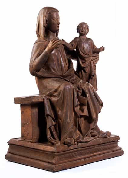 Detailabbildung: Museale, bedeutende Schnitzfigur der Thronenden Madonna mit Kind um 1310