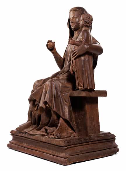 Detailabbildung: Museale, bedeutende Schnitzfigur der Thronenden Madonna mit Kind um 1310