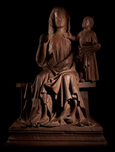 Detailabbildung: Museale, bedeutende Schnitzfigur der Thronenden Madonna mit Kind um 1310
