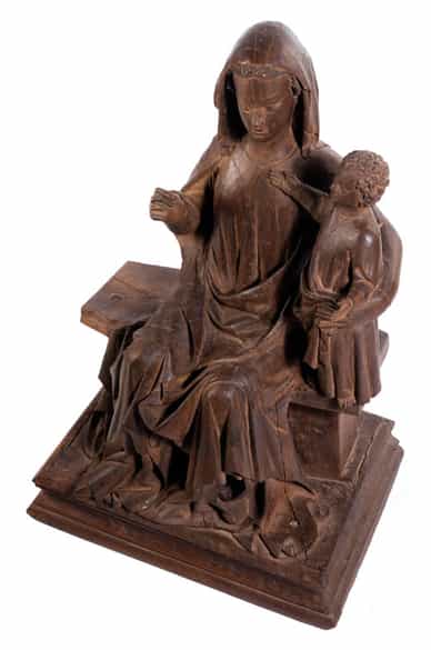 Detailabbildung: Museale, bedeutende Schnitzfigur der Thronenden Madonna mit Kind um 1310