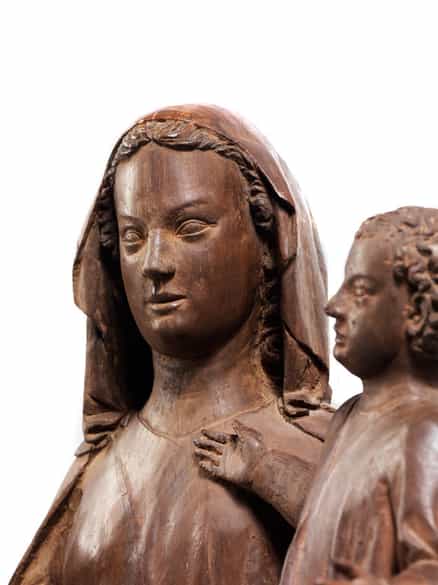 Detailabbildung: Museale, bedeutende Schnitzfigur der Thronenden Madonna mit Kind um 1310