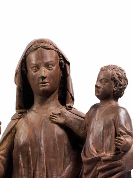 Detailabbildung: Museale, bedeutende Schnitzfigur der Thronenden Madonna mit Kind um 1310