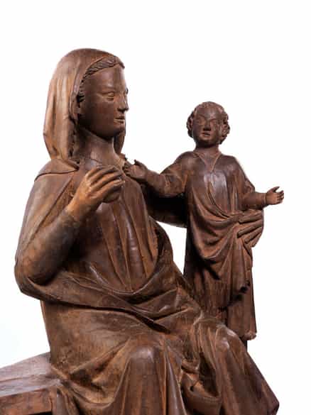Detailabbildung: Museale, bedeutende Schnitzfigur der Thronenden Madonna mit Kind um 1310
