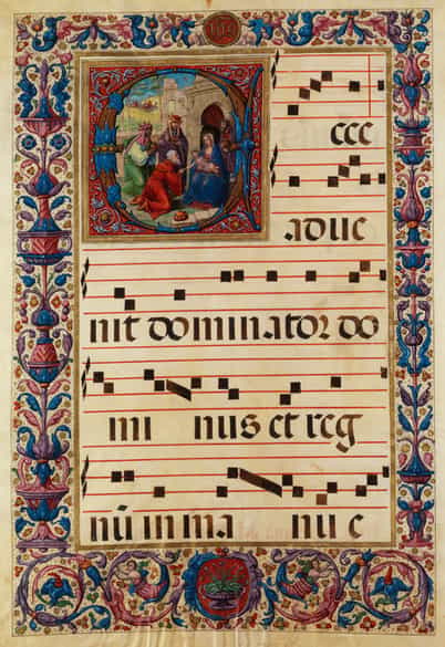 Detailabbildung: Paar Antiphonar-Blätter mit reicher Buchmalerei