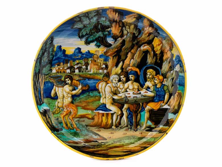 Detailabbildung: Majolika-Istoriato-Tazza der Manufaktur Pesaro