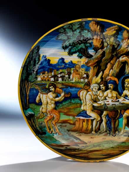 Detailabbildung: Majolika-Istoriato-Tazza der Manufaktur Pesaro