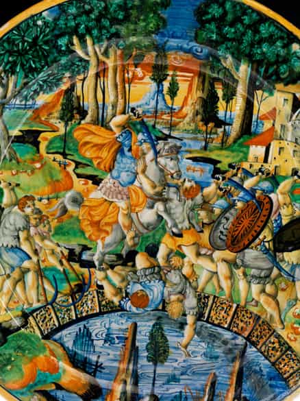 Detailabbildung: Bedeutende Majolika-Platte aus Urbino, 16. Jahrhundert, um 1550 – 60