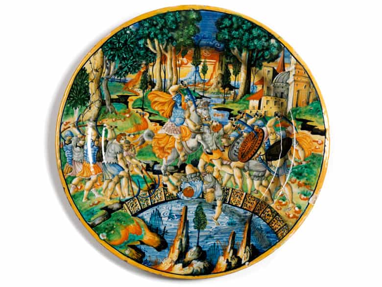 Detailabbildung: Bedeutende Majolika-Platte aus Urbino, 16. Jahrhundert, um 1550 – 60