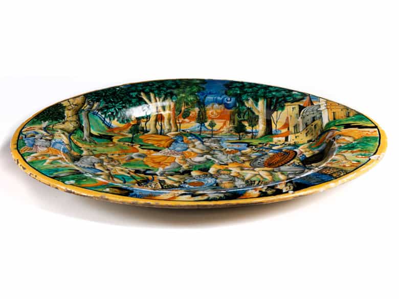 Detailabbildung: Bedeutende Majolika-Platte aus Urbino, 16. Jahrhundert, um 1550 – 60