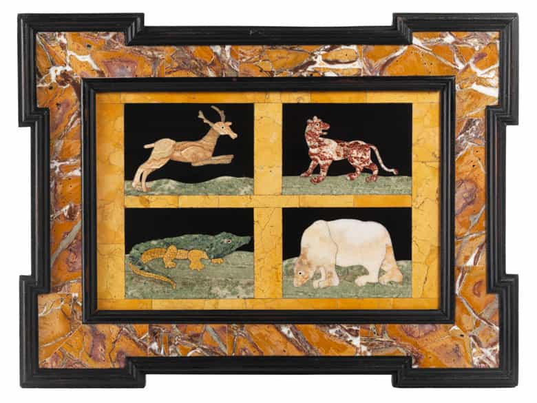 Detailabbildung: Paar Pietra dura-Tafeln mit Tierdarstellungen