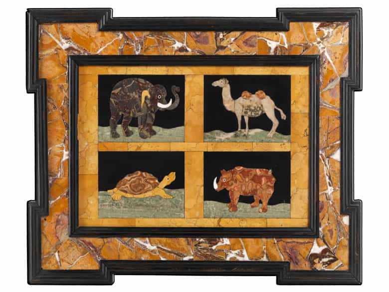 Detailabbildung: Paar Pietra dura-Tafeln mit Tierdarstellungen