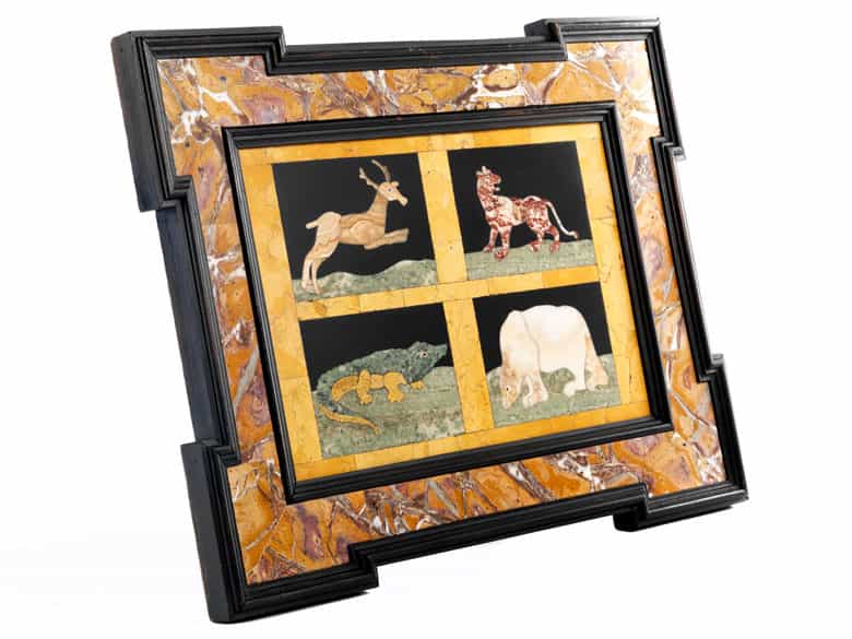 Detailabbildung: Paar Pietra dura-Tafeln mit Tierdarstellungen