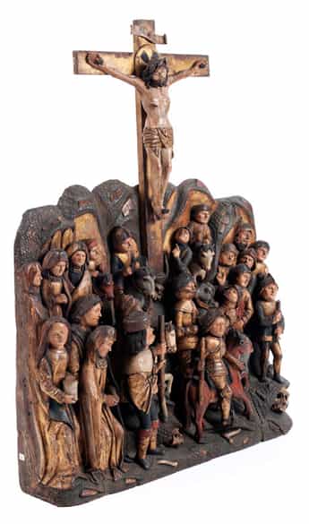 Detailabbildung:  Mehrfiguriges, spätgotisches Hochrelief mit Kreuzdarstellung