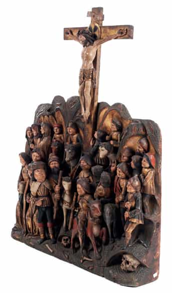 Detailabbildung:  Mehrfiguriges, spätgotisches Hochrelief mit Kreuzdarstellung