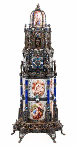 Detailabbildung: † Musealer, historischer Kunstkammer-Uhrenturm in Silber und Email