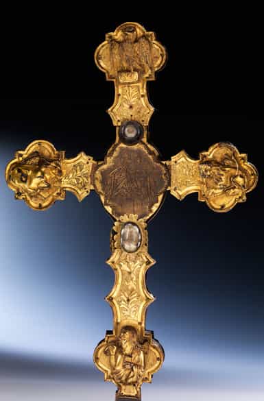 Detailabbildung:  Museales, seltenes Vortragekreuz in Kupferbronze und Vergoldung 