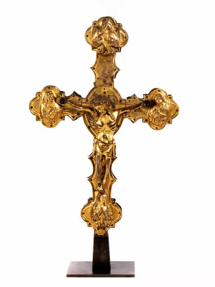 Detailabbildung:  Museales, seltenes Vortragekreuz in Kupferbronze und Vergoldung 