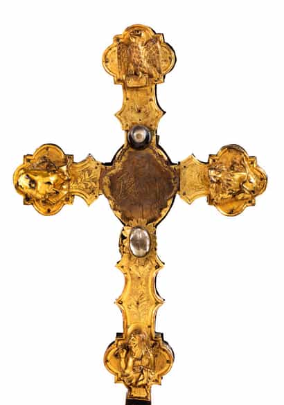 Detailabbildung:  Museales, seltenes Vortragekreuz in Kupferbronze und Vergoldung 