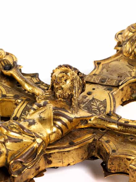 Detailabbildung:  Museales, seltenes Vortragekreuz in Kupferbronze und Vergoldung 